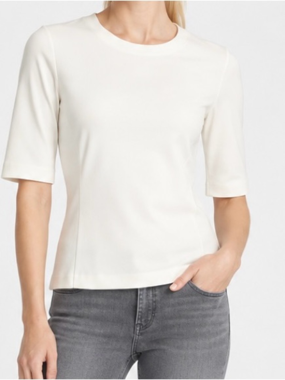 Rebecca Taylor Ivory Cotton Knit Crew Neck Elbow Sleeve Stretch Pullover Tee M